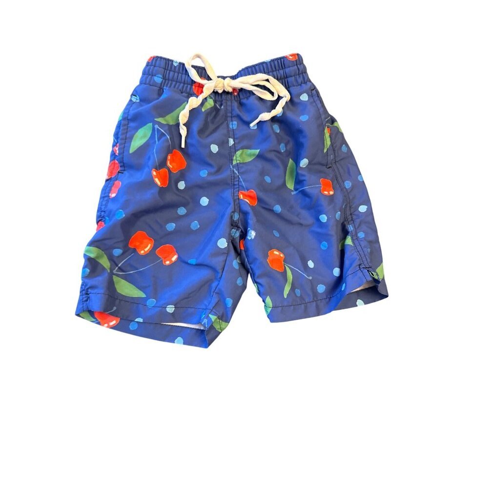 Leland Gal Kids Cherry Print Swim Shorts XS Blue & Red With‎ Pocket